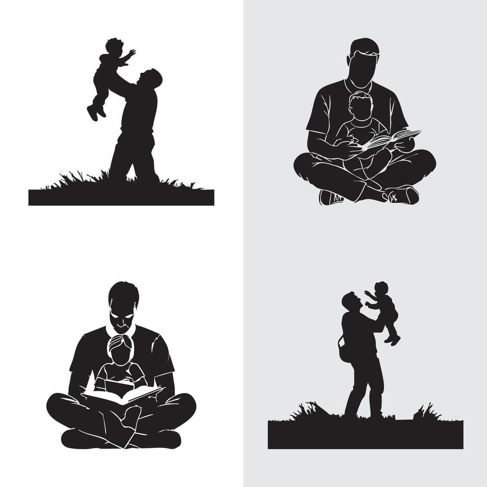 Silhouettes of Father Bonding with Child Through Play and Reading vector