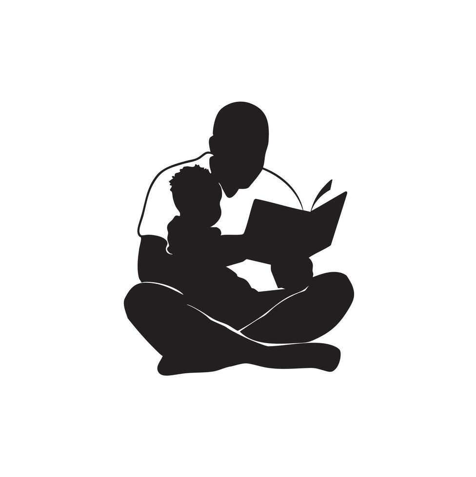 Father and child reading together black and white silhouette vector