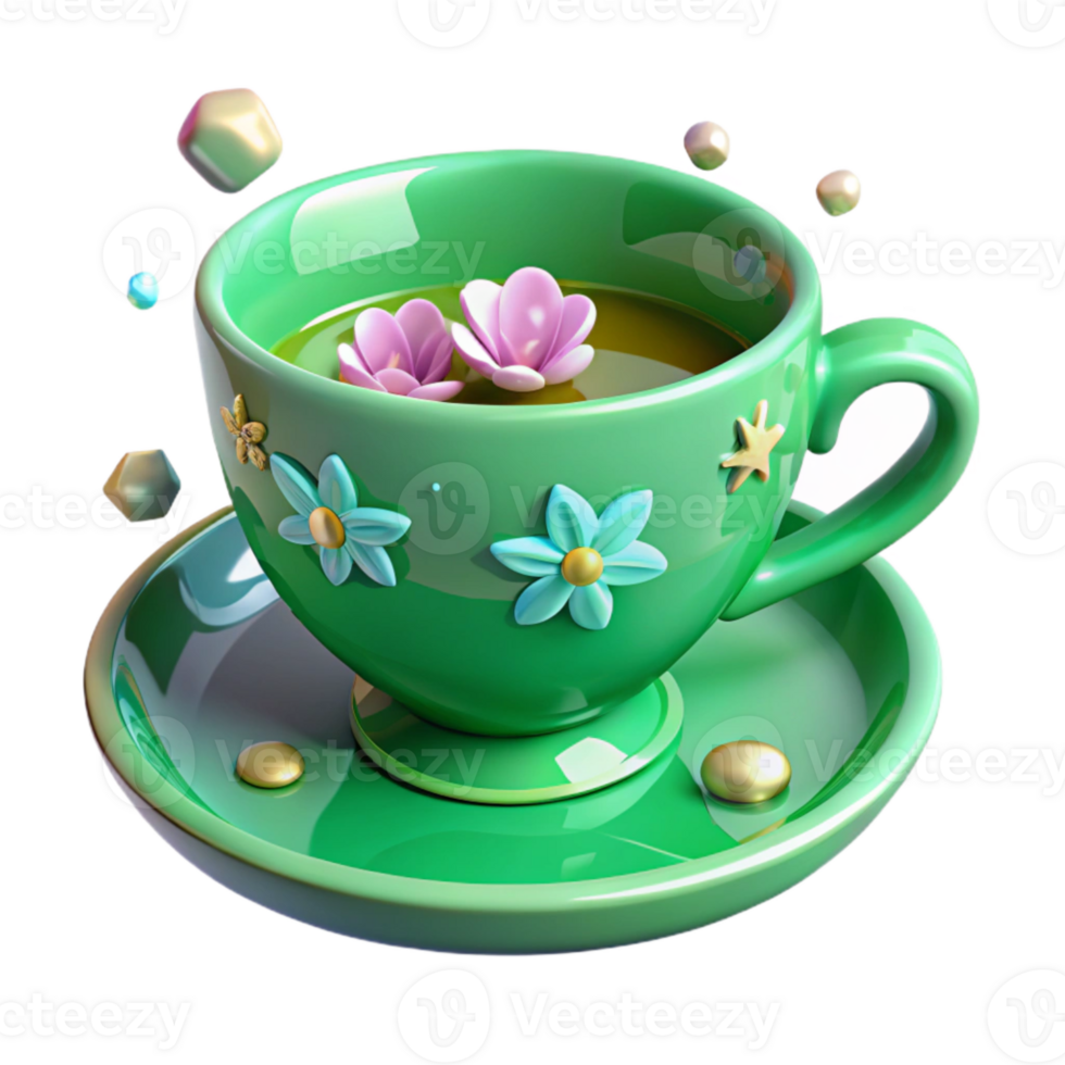 serene classic Green Teacup and Saucer Floral Pattern Isolated Element original png