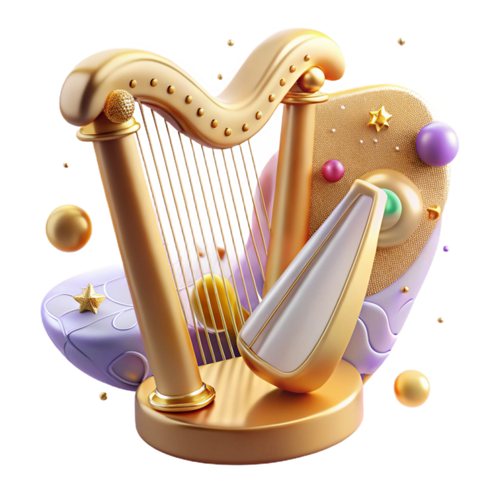 impressive creative Harp Isolated with Gold Details professional png