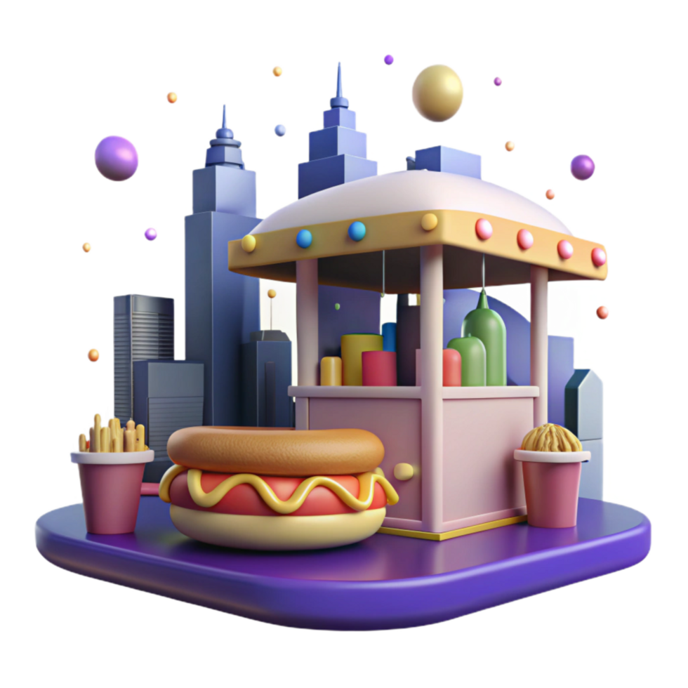 impressive artistic Hot Dog Stand with City Skyline Backdrop Cutout Element high quality png