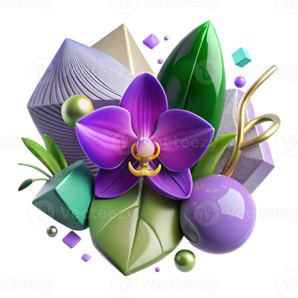 serene rustic Purple Orchid with Green Leaves Isolated Element high quality png
