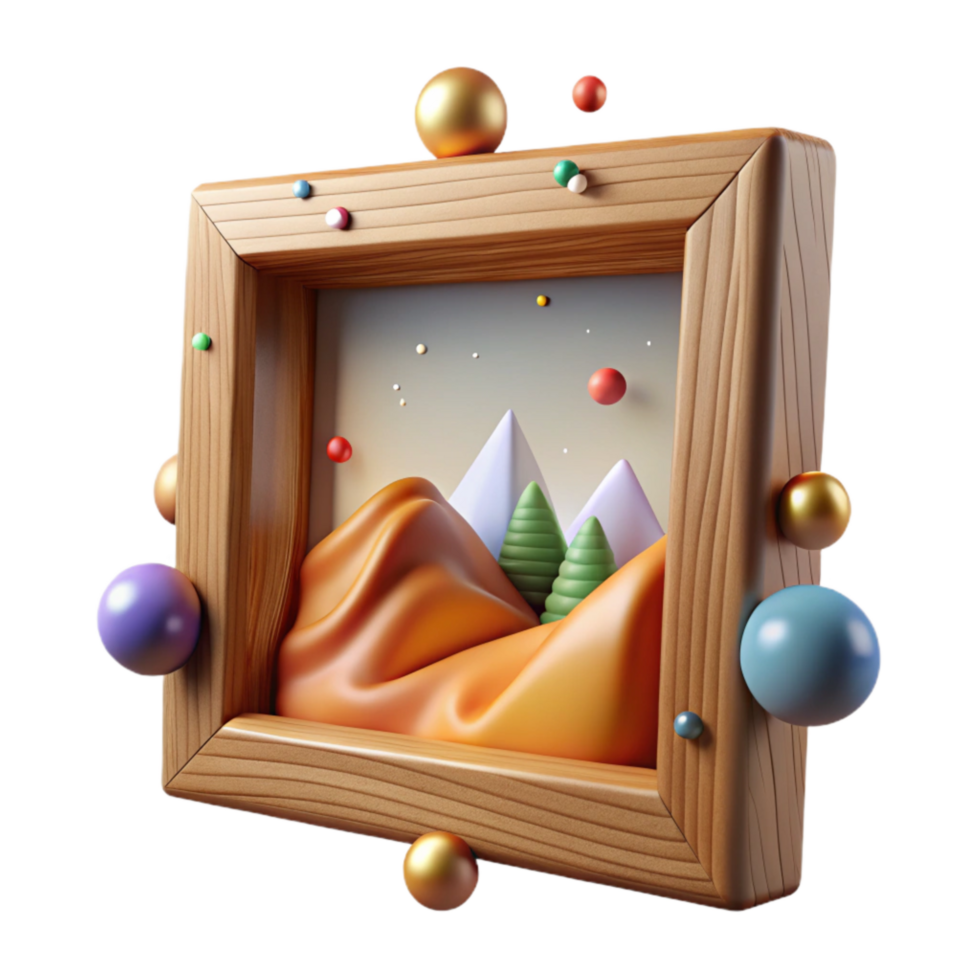 serene contemporary Rustic Wooden Picture Frame Landscape Painting Isolated high quality png