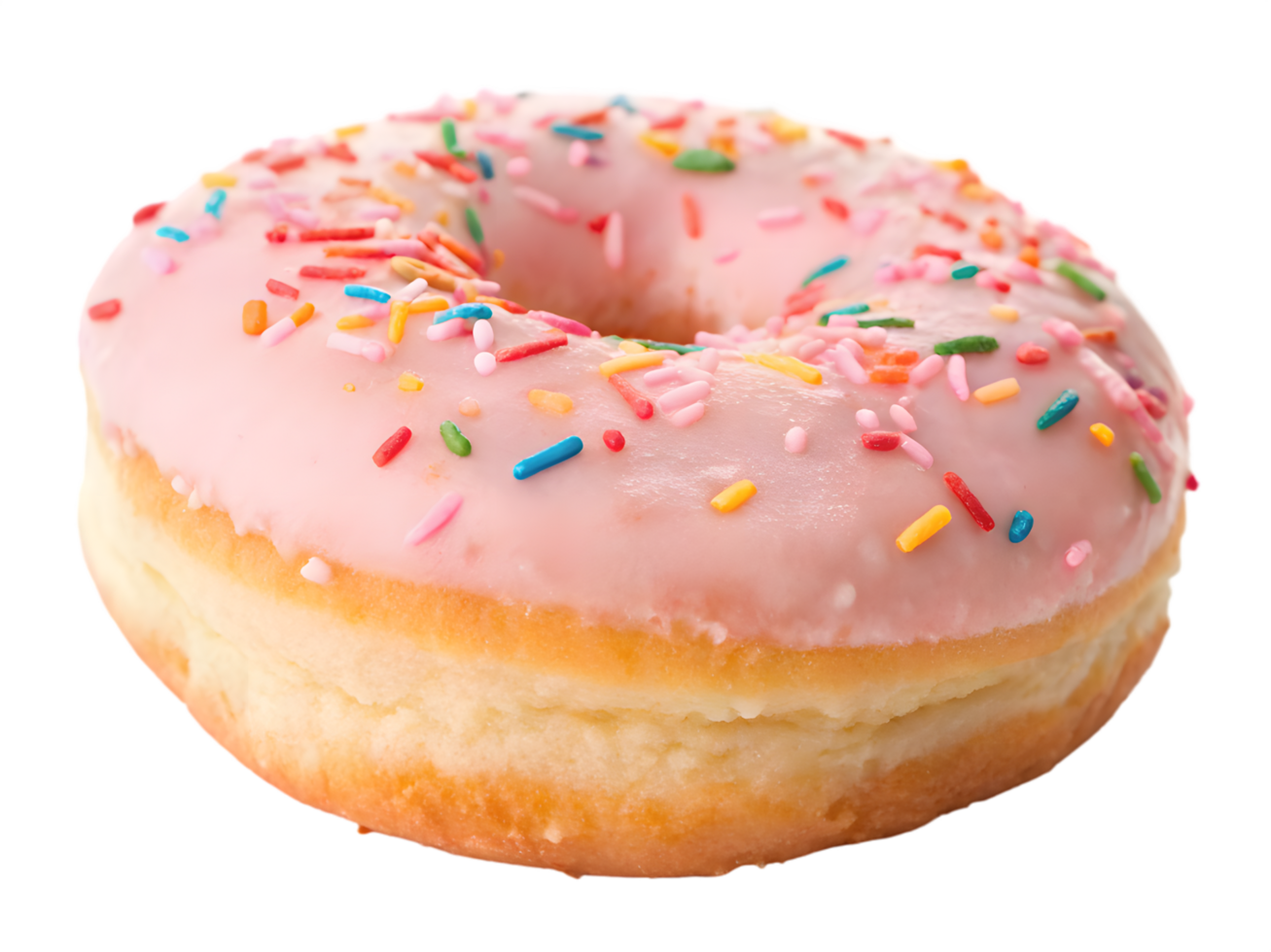 Close-up of a delicious pink frosted donut with colorful sprinkles. png