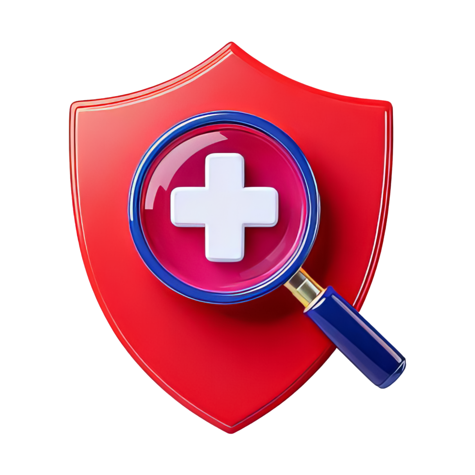 Magnifying Glass on Red Shield with Medical Cross Icon png