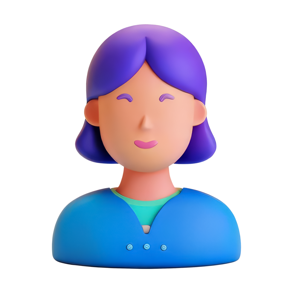 Cheerful Female Character with Purple Hair and Smiles png