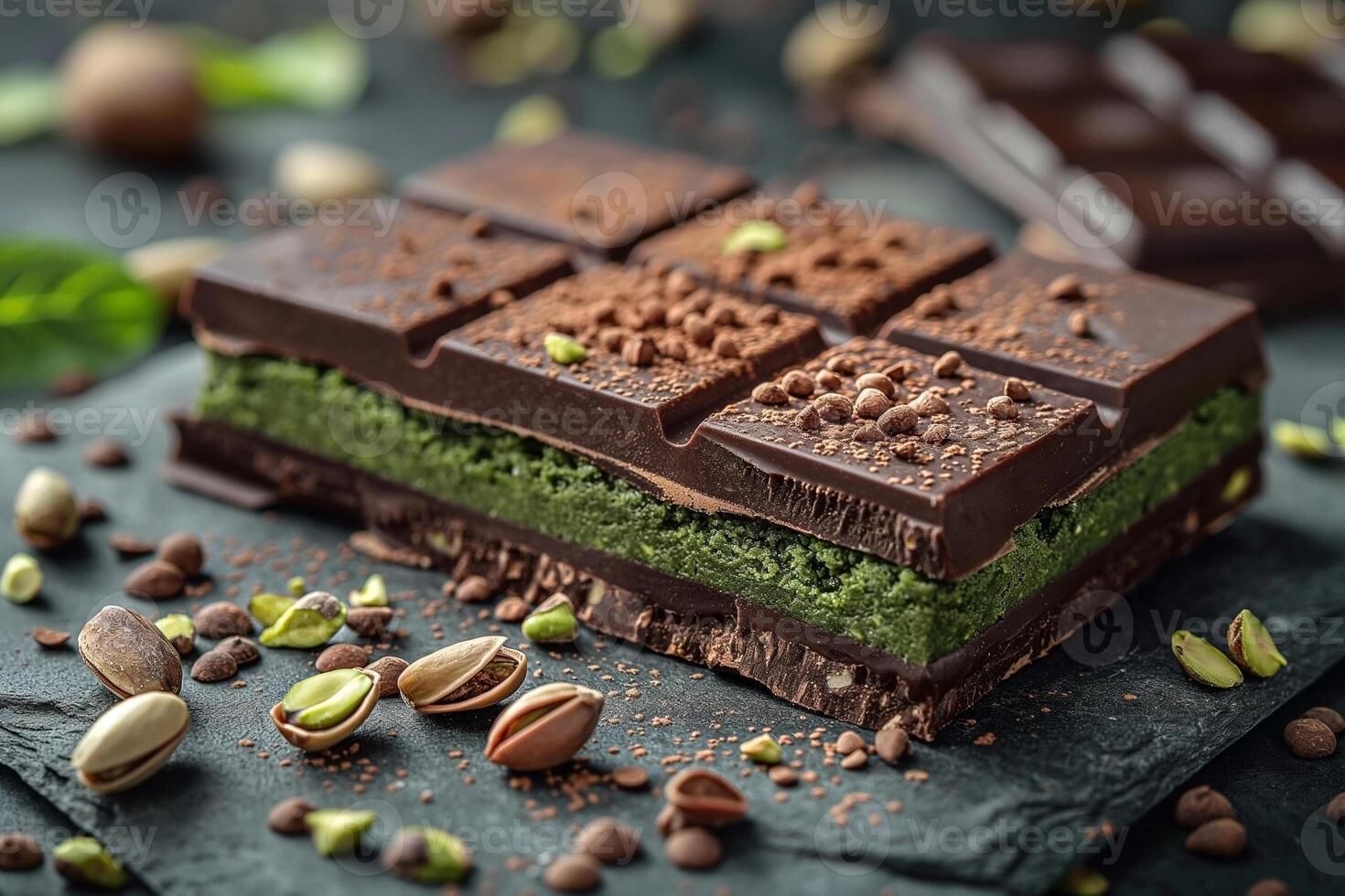 Decadent layered chocolate bar with matcha, decorated with cocoa and pistachios. photo