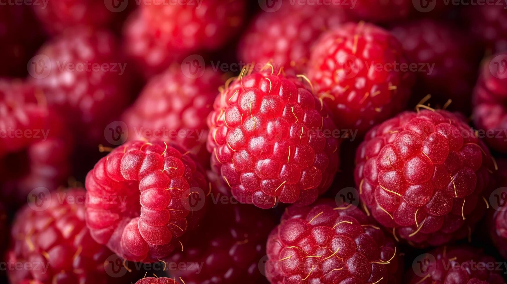 A cluster of fresh, ripe raspberries showcasing their vibrant red color and detailed texture. photo