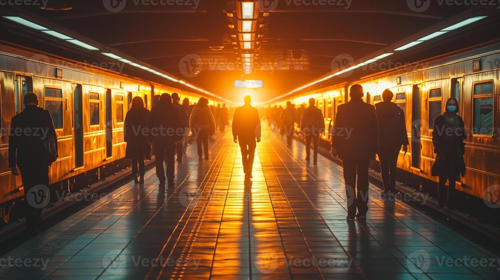 A group of commuters at a subway station silhouetted against a striking sunset, creating a dramatic urban atmosphere. photo