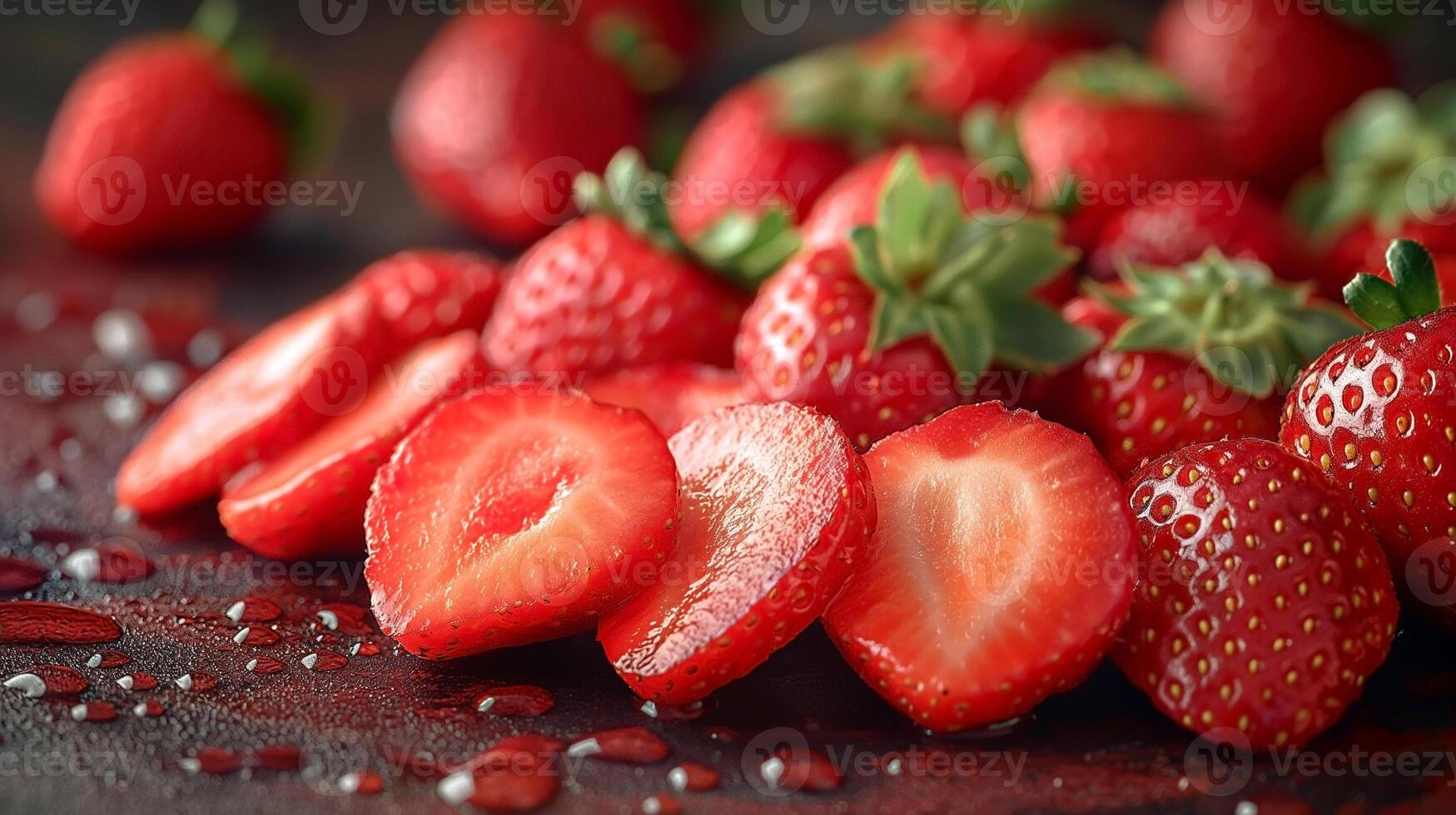 Freshly sliced strawberries glisten with droplets, showcasing their vibrant red color and luscious texture. photo
