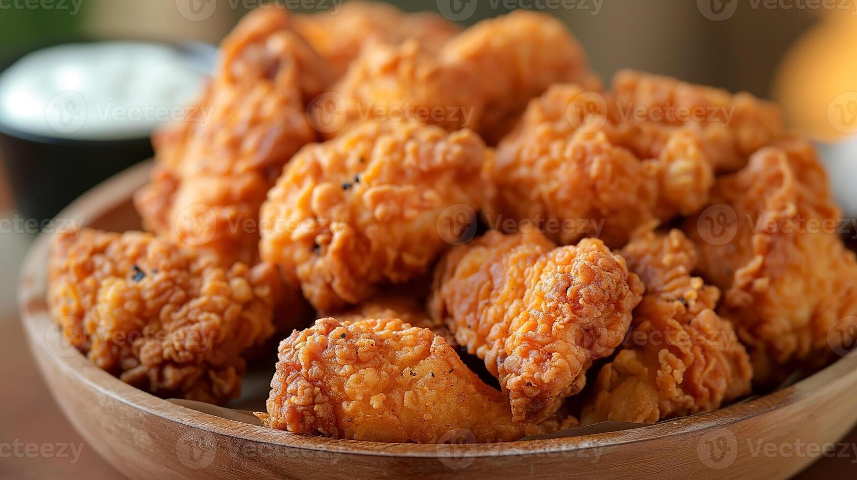Golden-brown, crispy fried chicken pieces served in a wooden bowl, perfect for gatherings. photo