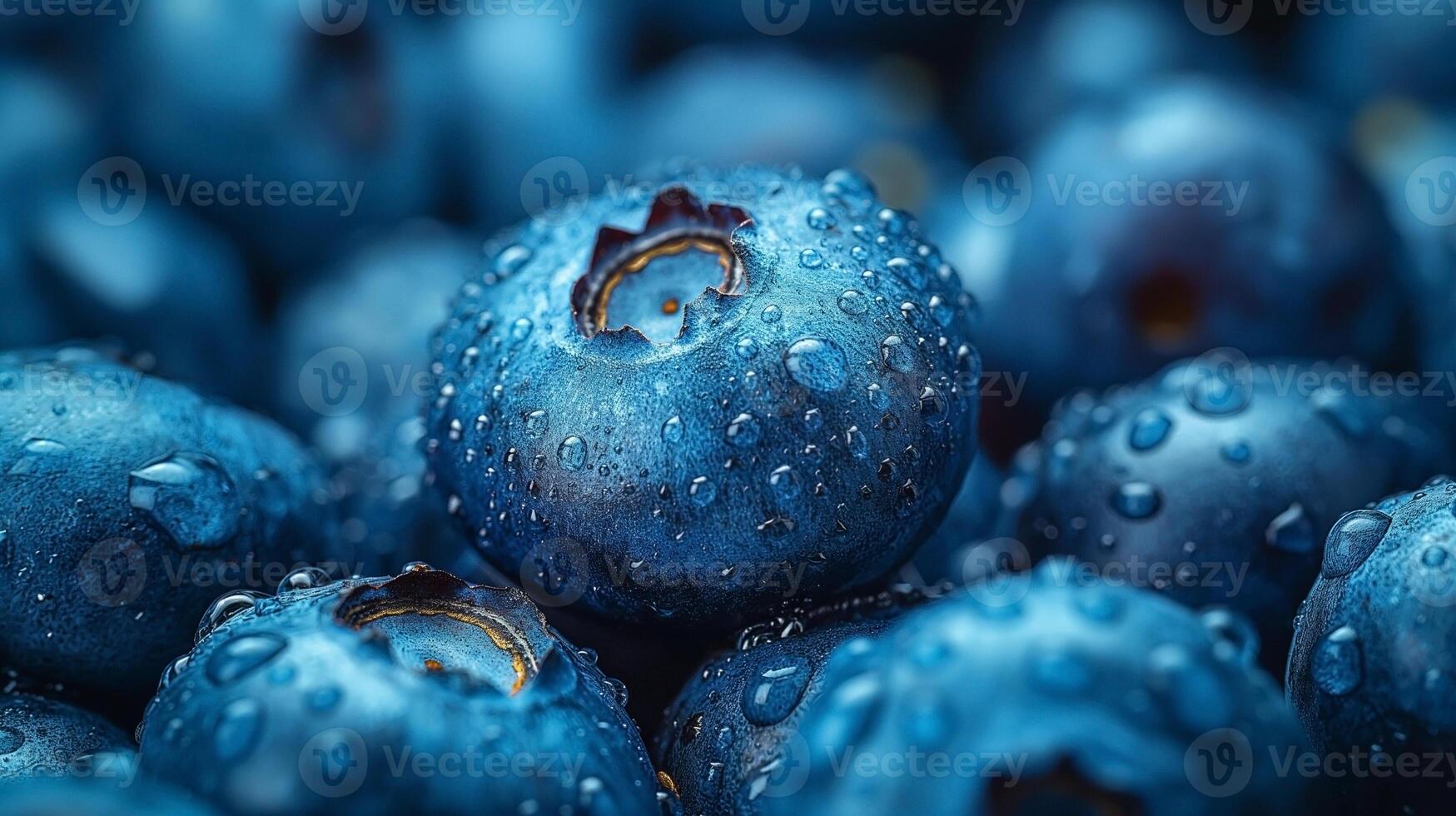 Close-up of fresh blueberries with water droplets, showcasing their vibrant blue color and rich texture. photo