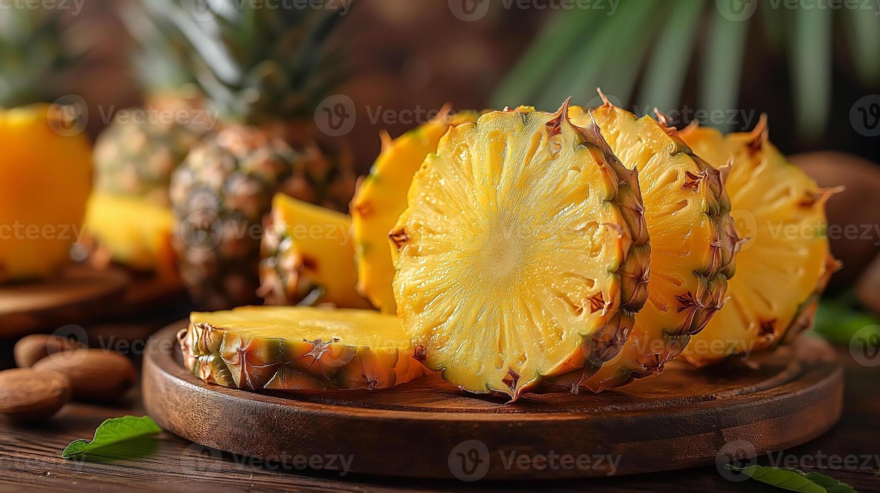 Sliced fresh pineapple on a wooden board, highlighting its juicy interior and vibrant color. photo