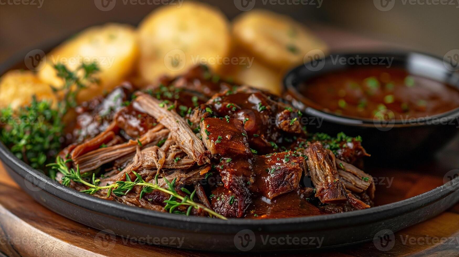 A rich, savory plate of shredded beef in barbecue sauce, accompanied by golden roasted potatoes and herbs. photo