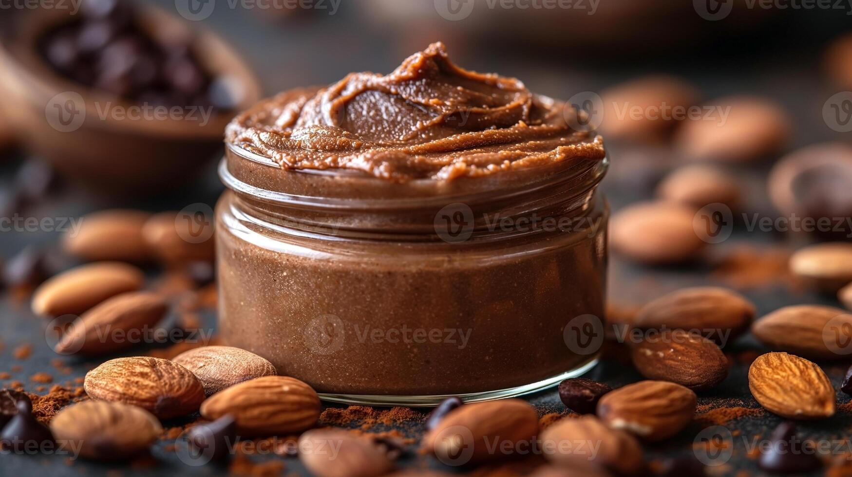 A creamy chocolate spread in a glass jar surrounded by coffee beans and almonds, creating an inviting and indulgent atmosphere. photo
