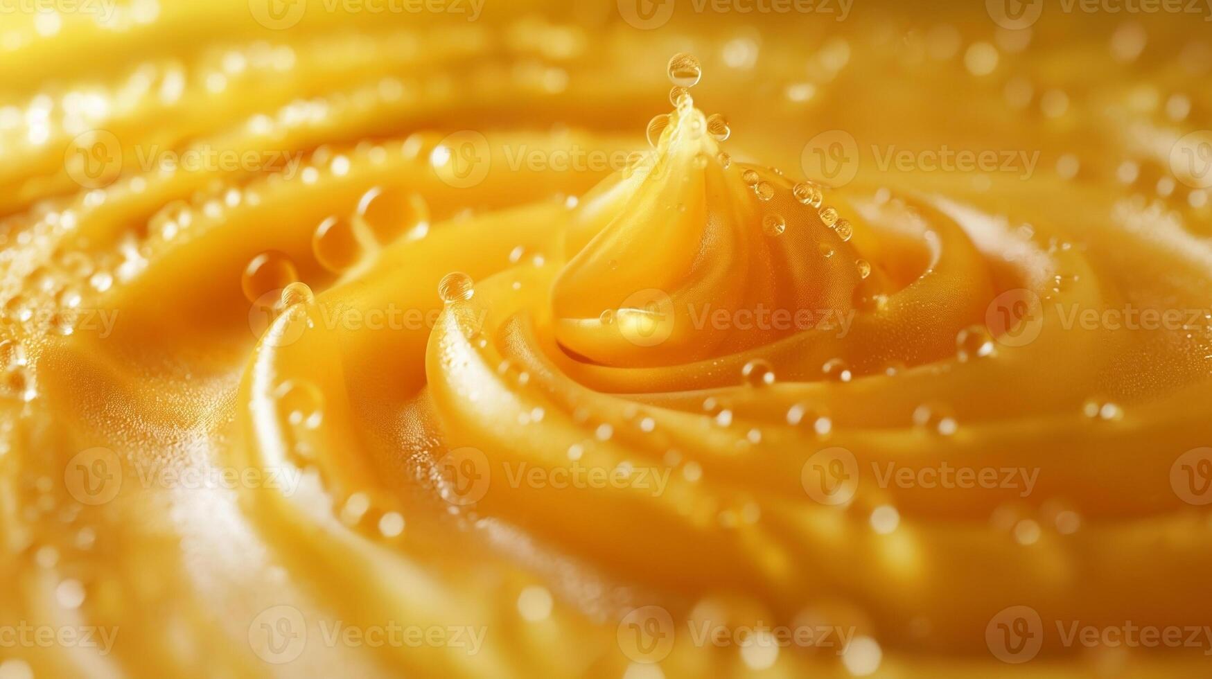 Close-up of a vibrant yellow swirl with droplets, creating a mesmerizing effect reminiscent of a flower. photo