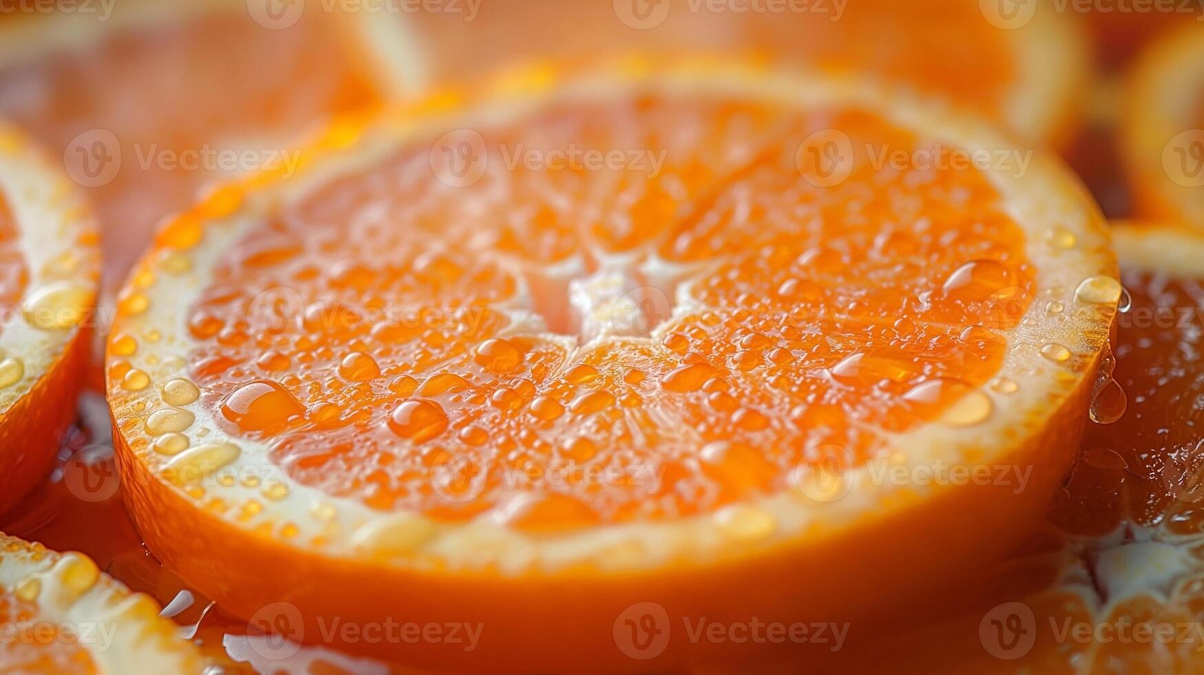 Close-up of vibrant orange slices glistening with droplets of water. photo