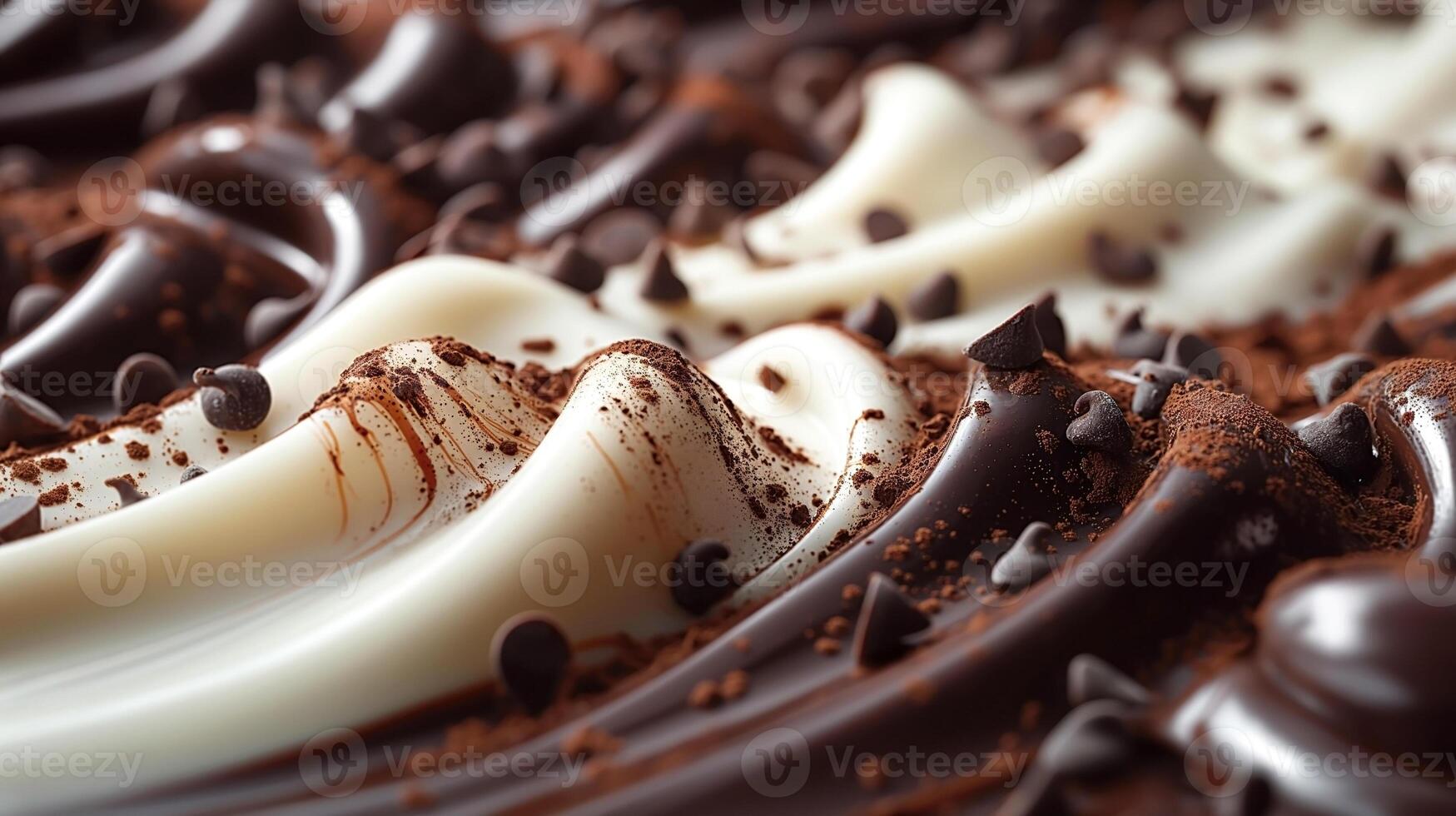 A scrumptious display of smooth chocolate textures in rich dark, creamy white, and milk chocolate layers, adorned with chocolate chips. photo