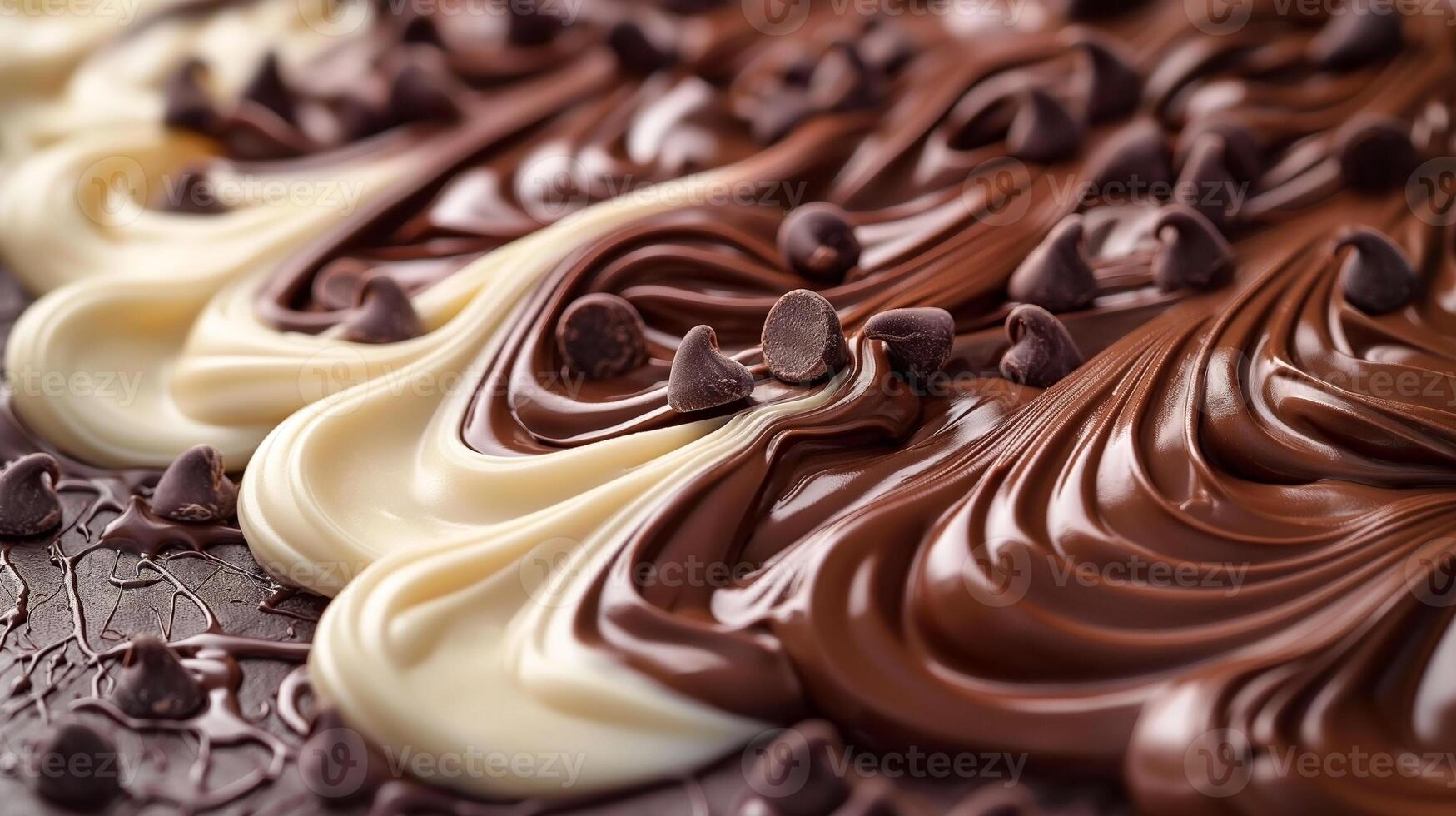 Delicious layered chocolate swirls featuring dark, milk, and white chocolate chips. photo