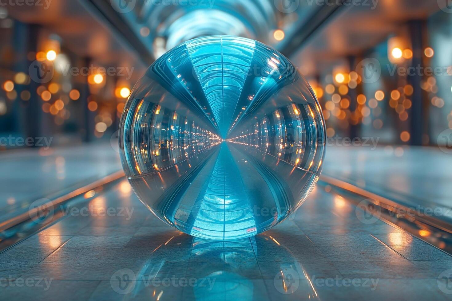A mesmerizing glass sphere reflecting a beautiful interior with warm lighting and a modern ambiance. photo