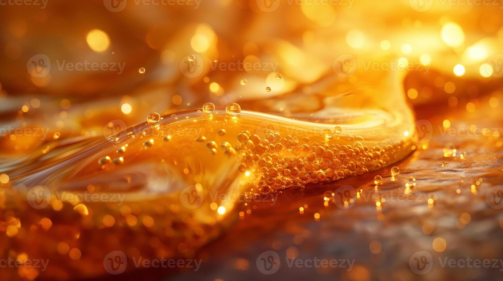A mesmerizing close-up of golden liquid with bubbles, capturing an ethereal glow and texture. photo