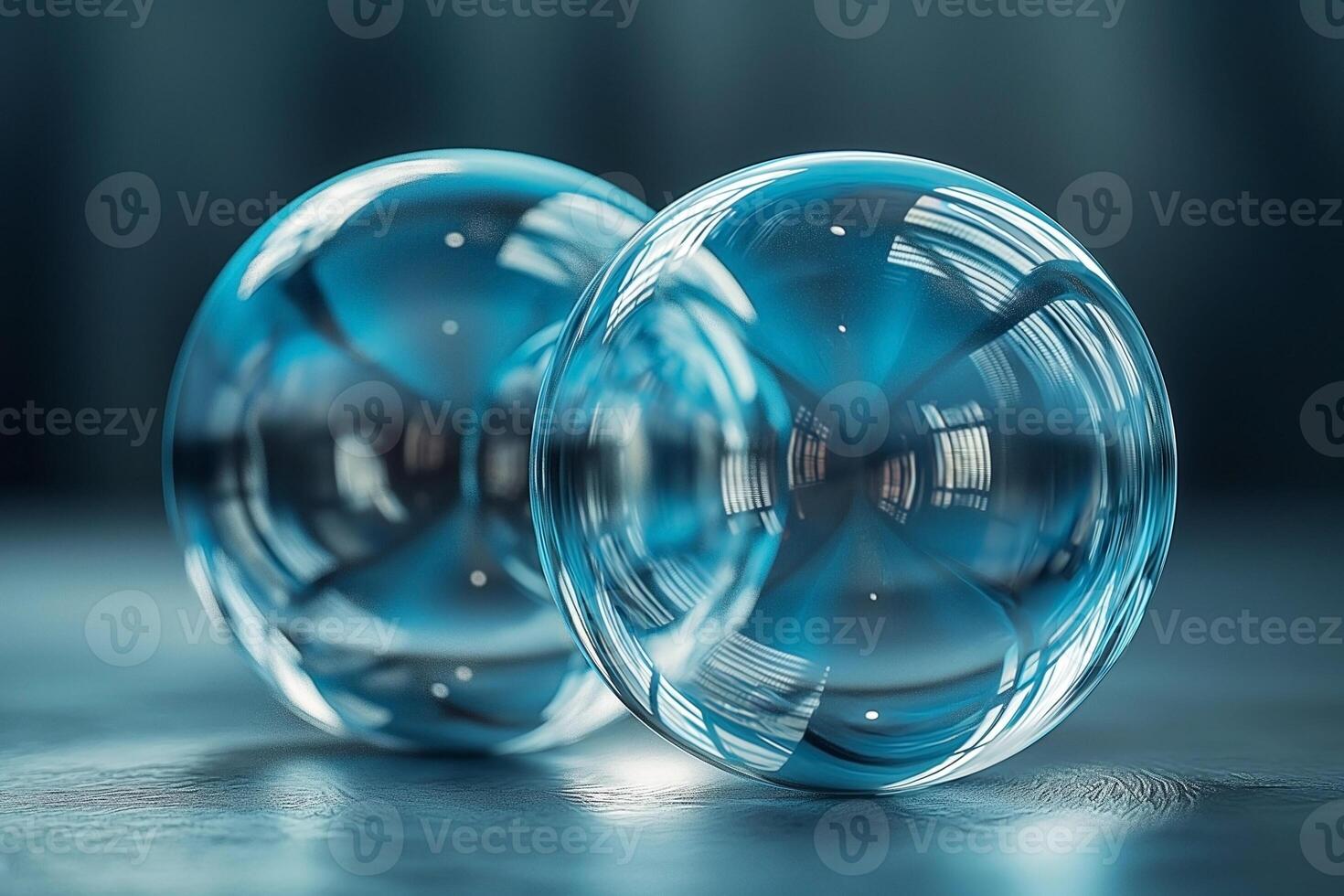 Two clear glass spheres with a blue tint reflecting soft light, creating an elegant and serene atmosphere. photo