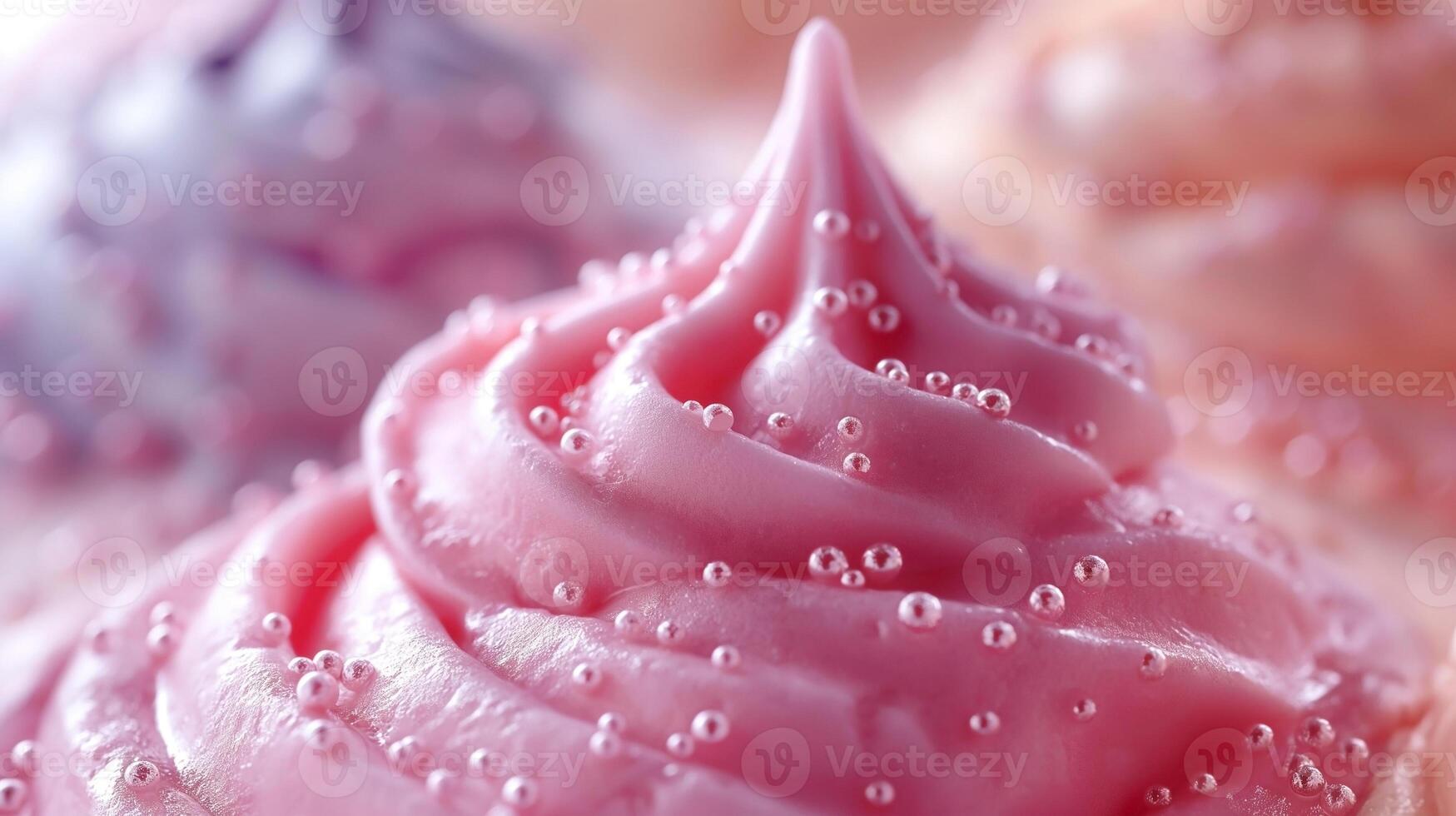 Close-up of a vibrant pink cupcake frosting, decorated with tiny colorful sugar beads, creating a delightful dessert image. photo