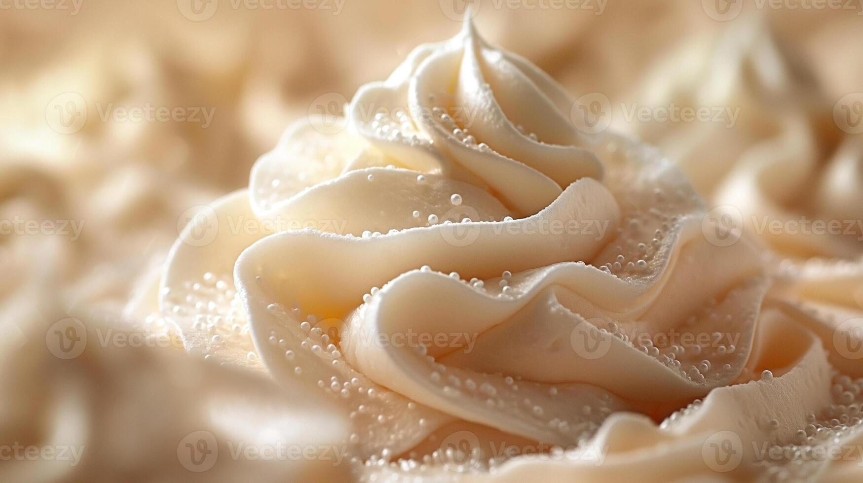 A close-up of elegant swirls of creamy frosting, showcasing intricate details and delicate bubbles. photo