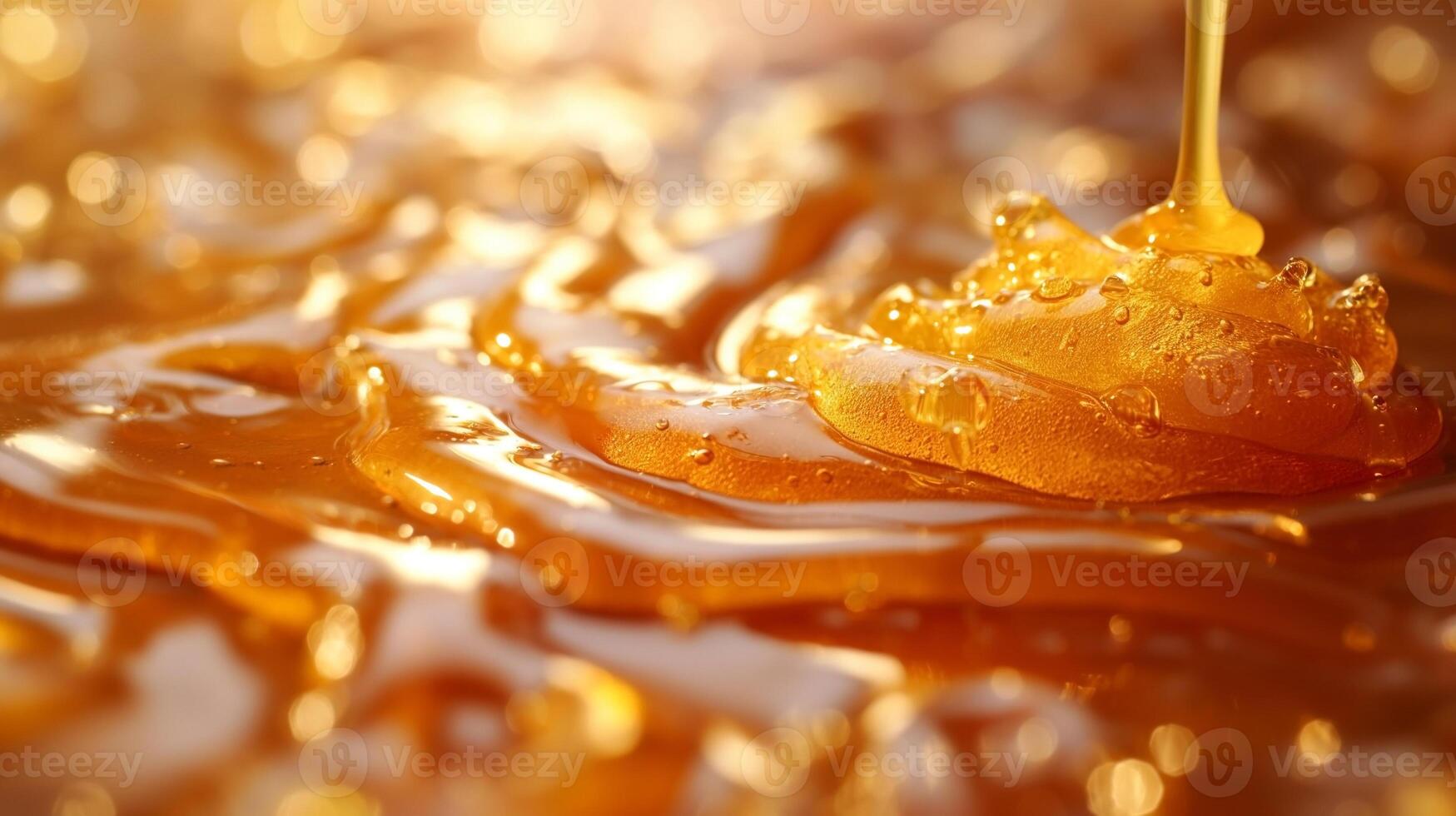 Close-up of golden honey being drizzled, creating a smooth and glossy texture that highlights its natural sweetness. photo