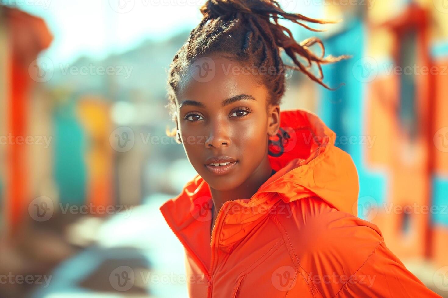 Portrait of a young Black woman in an orange jacket, smiling confidently against a colorful urban backdrop. photo