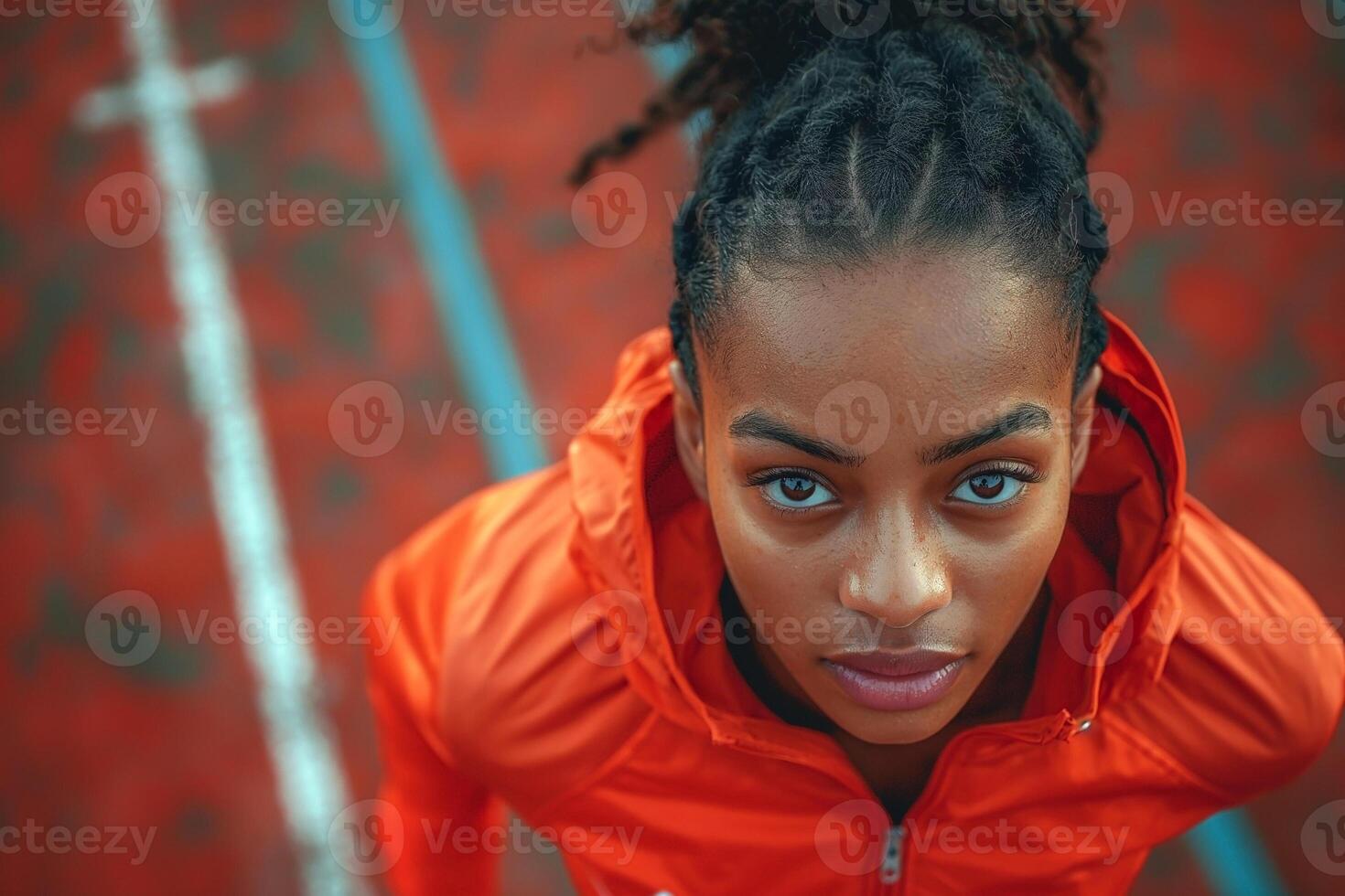 Confident young Black woman in an orange jacket, gazing directly at the camera with determination on a vibrant red court. photo