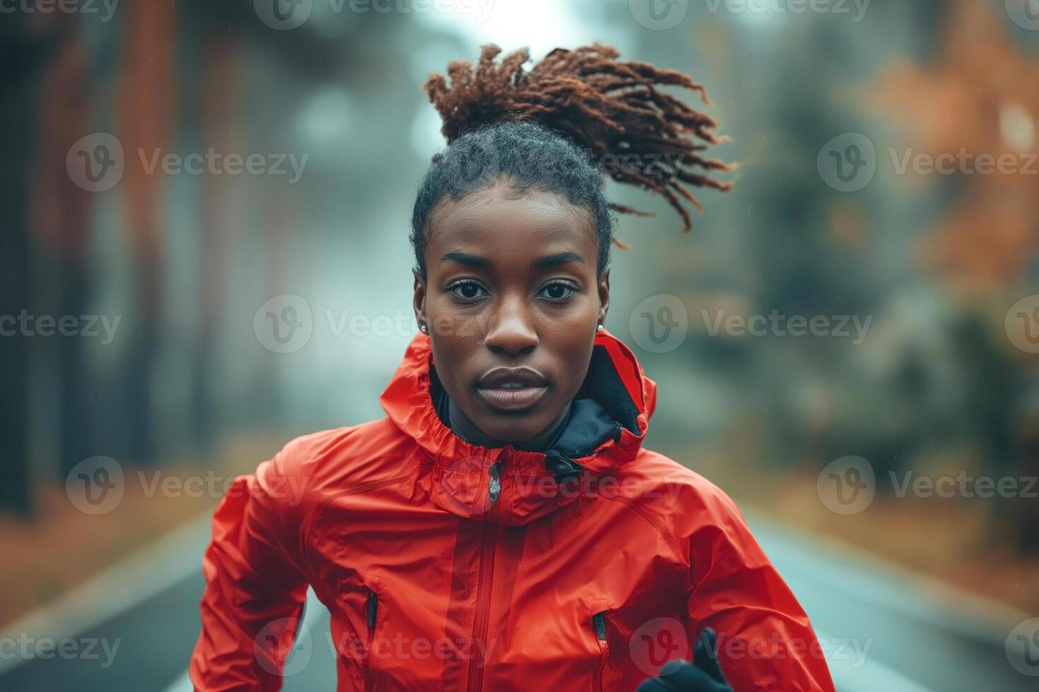 A young Black woman with textured hair jogs energetically on a misty forest path, dressed in a bright red running jacket. photo