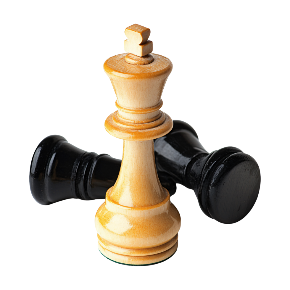 Wooden king chess piece standing tall, surrounded by two fallen black pieces, isolated on transparent background png