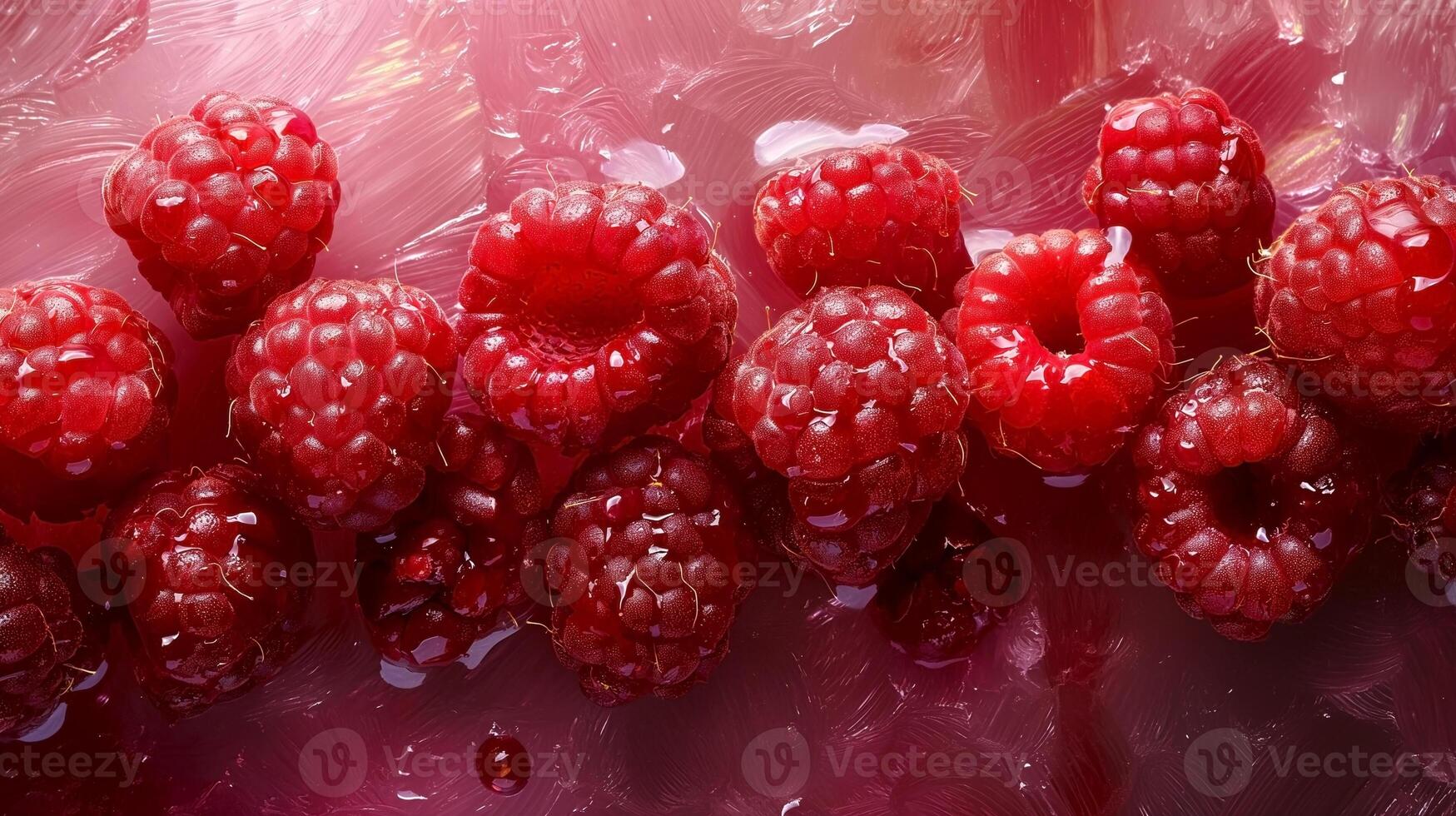 Fresh, ripe red raspberries glisten with dew, showcasing their vibrant color and juicy texture on a blurred pink background. photo