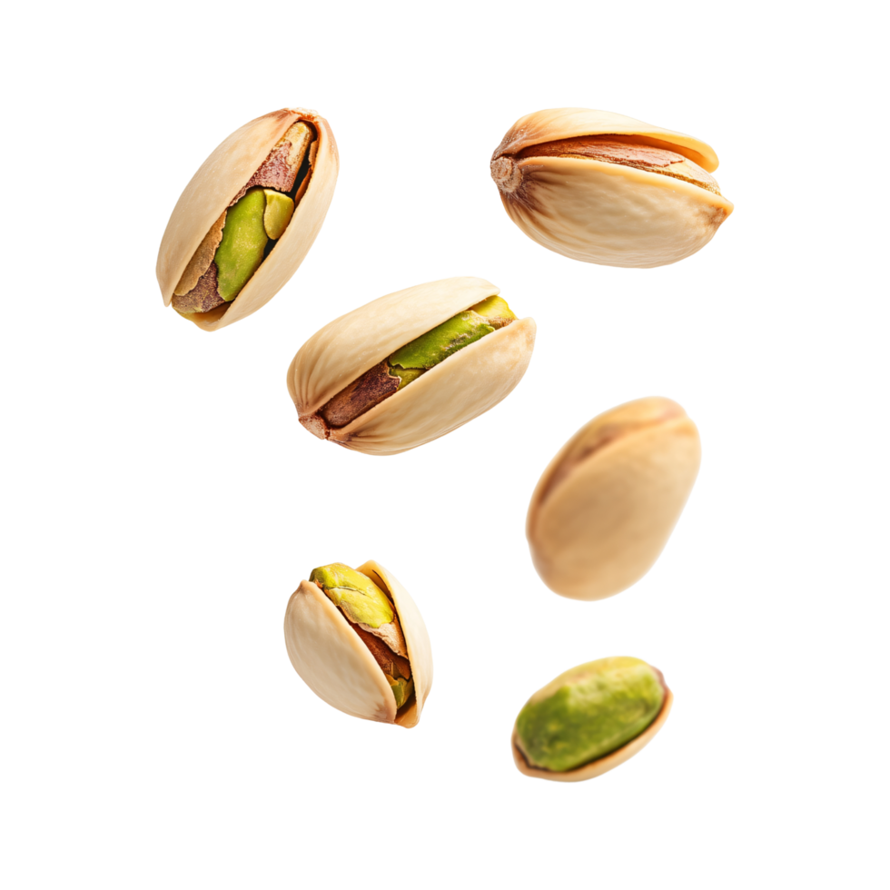 Pistachio nuts falling floating, peeled kernels shells split open isolated on transparent background png