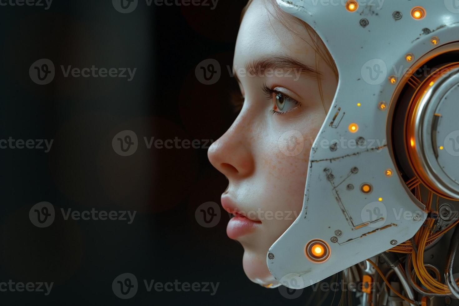 Close-up portrait of a young female cyborg with intricate facial features and glowing elements. photo