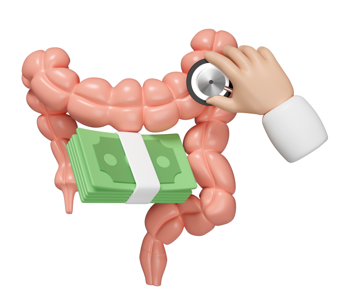 3d healthy colon with stack banknotes, doctor hand holding stethoscope isolated. check colon health, health check cost concept, 3d illustration render png