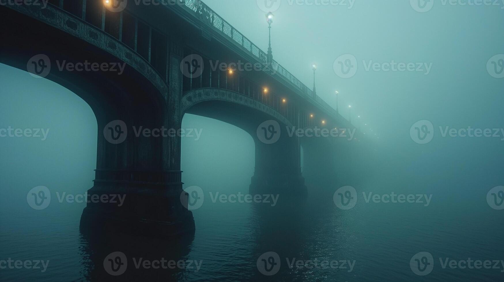 A mysterious bridge looms through thick fog, its arches reflected in the serene water below. photo