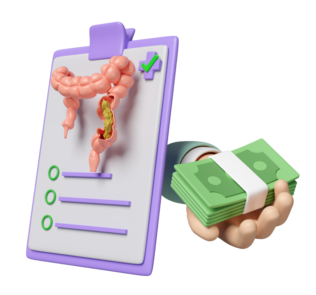 3d check list for health with colon, doctor hand holding a stack of banknotes isolated. health check report, medicare concept, 3d illustration render png