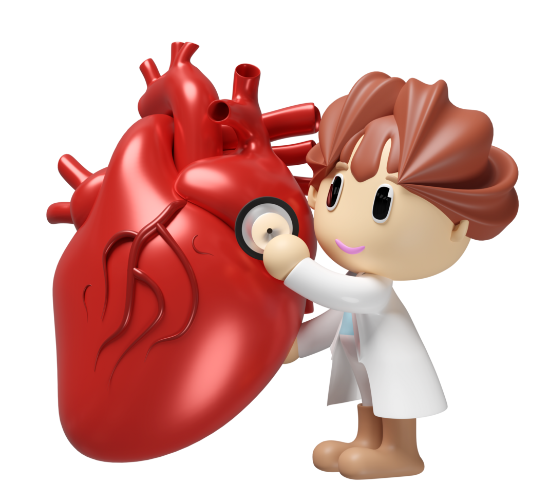 3d realistic human heart with doctor holding a stethoscope isolated. health check concept, 3d illustration render png