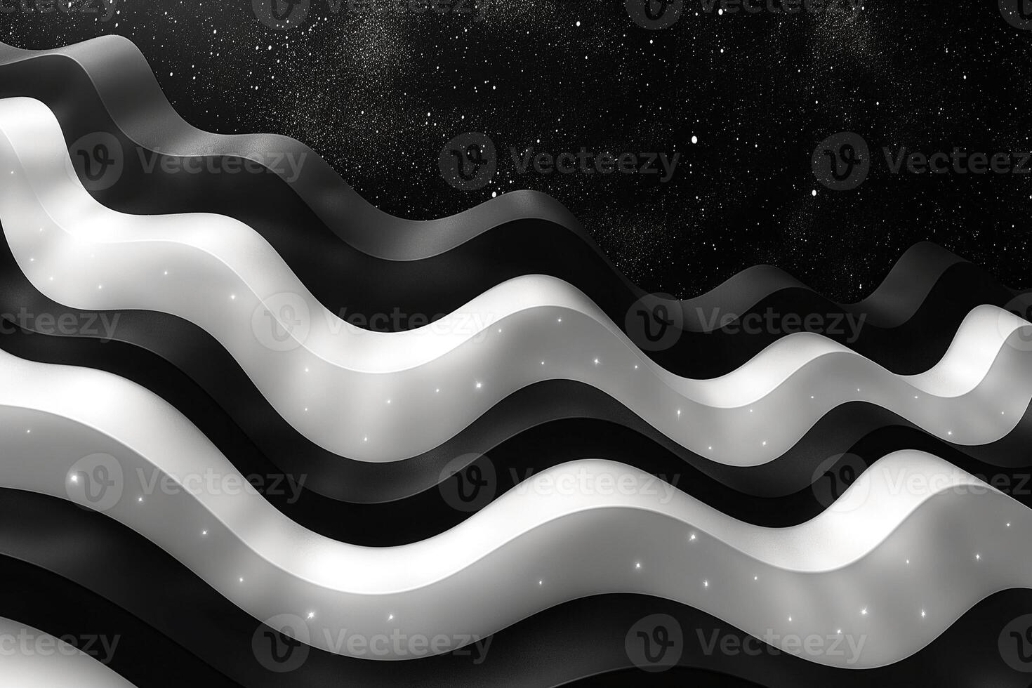 Abstract black and white waves create a mesmerizing pattern, set against a starry cosmic background. photo
