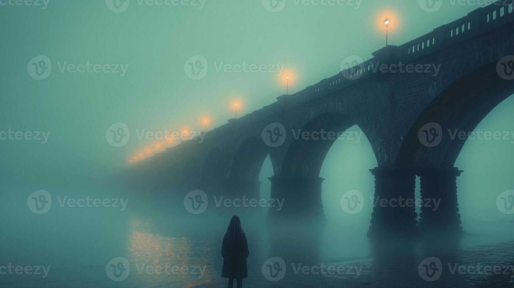 A solitary figure stands in misty silence under a grand stone bridge adorned with glowing lanterns. photo
