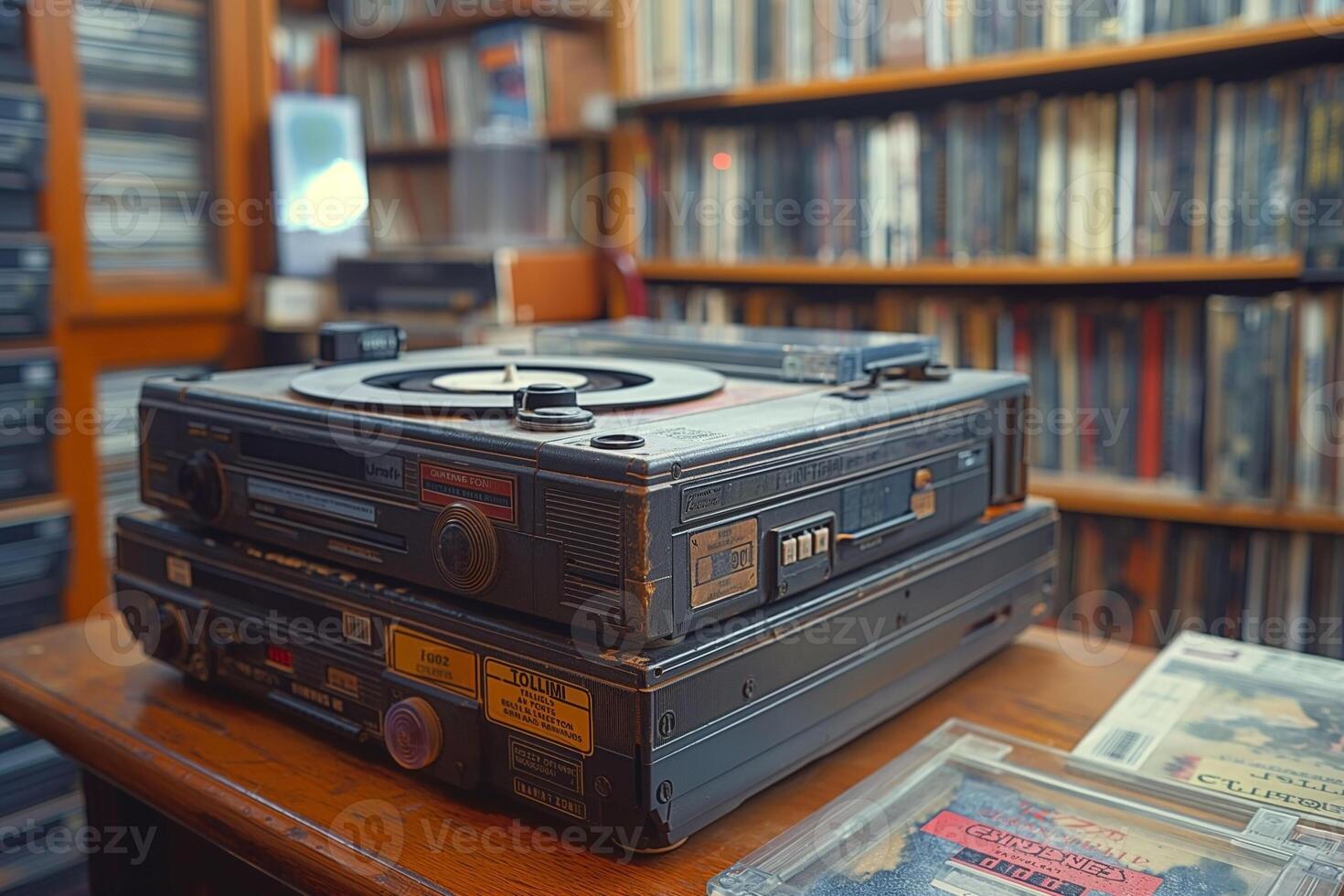A vintage audio cassette player sits atop a record player, surrounded by a collection of vinyl records and cassettes. photo