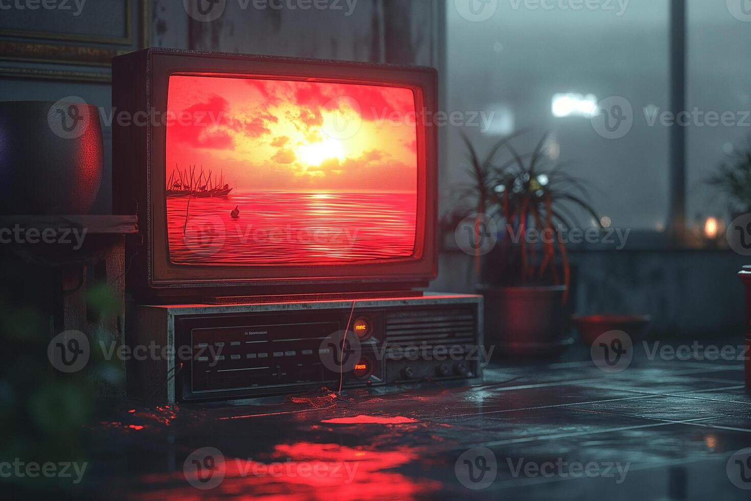A vintage television displaying a vibrant sunset over water, surrounded by a moody, atmospheric interior. photo