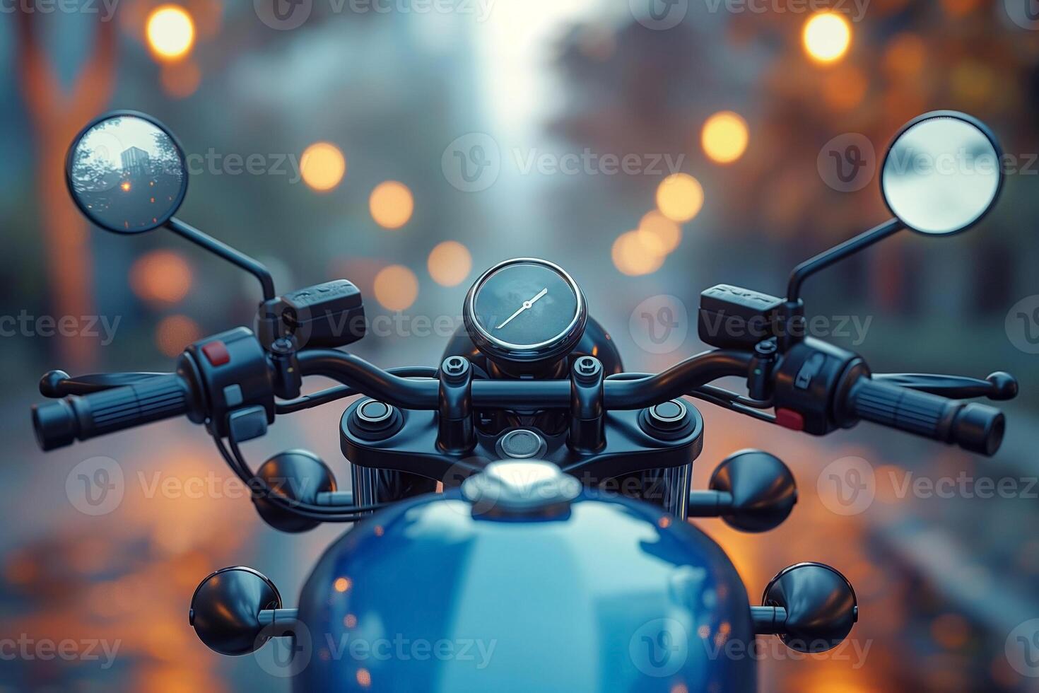 Close-up view of a motorcycle handlebar with reflections in the mirrors, enveloped in an atmospheric evening glow. photo