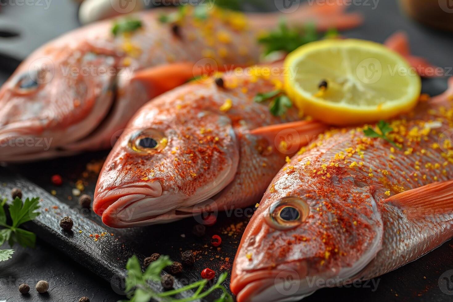 Three beautifully arranged fresh fish garnished with herbs and lemon slices, creating a vibrant and appetizing scene. photo