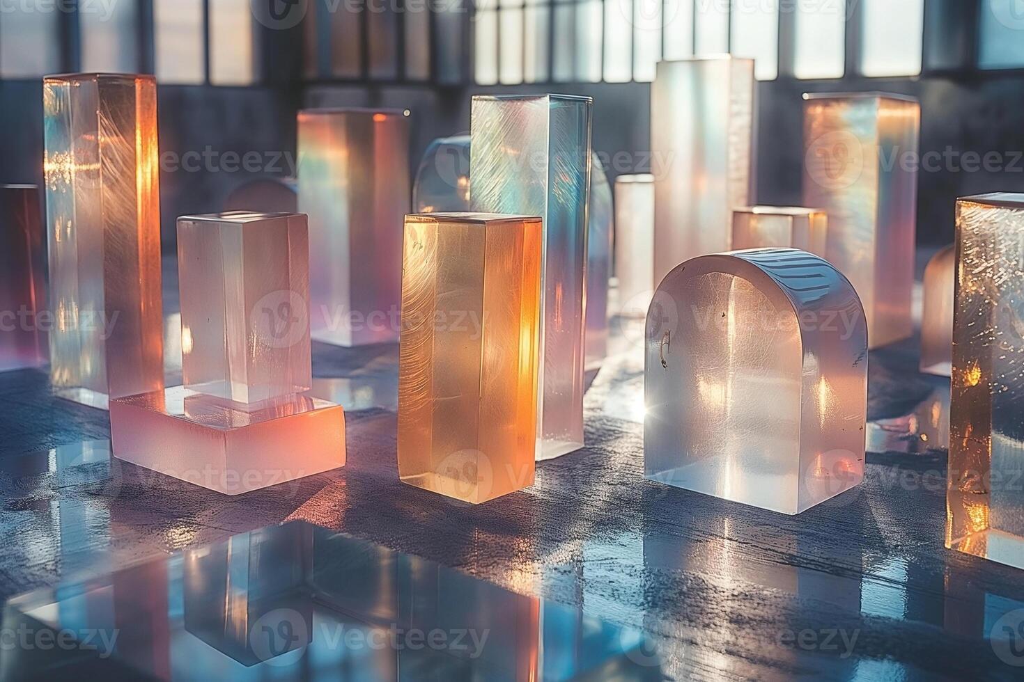 A vibrant display of colorful glass sculptures reflecting light in an artistic setting. photo