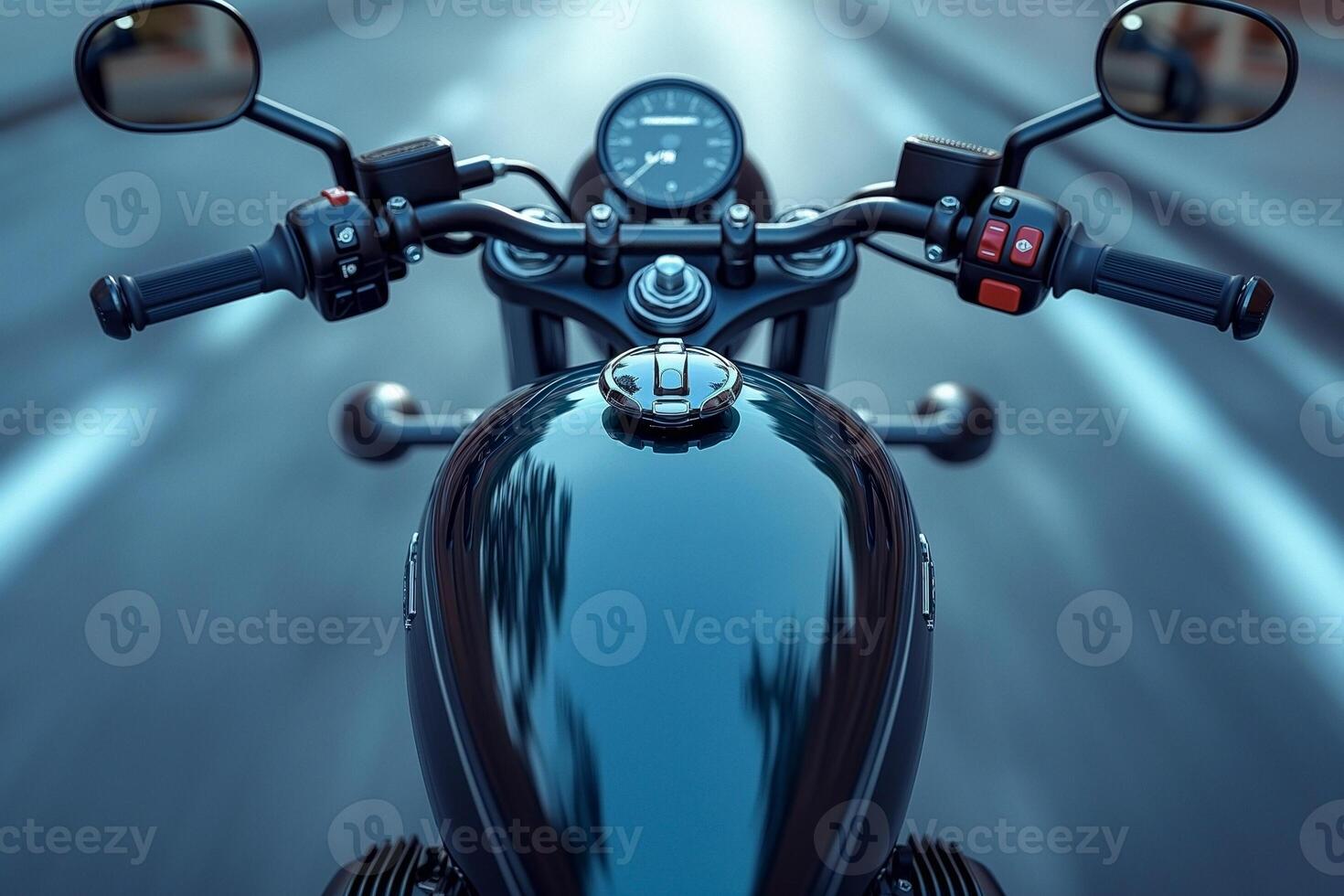 Close-up view of a motorcycle's handlebars and speedometer, showcasing a sleek design against a blurred background. photo