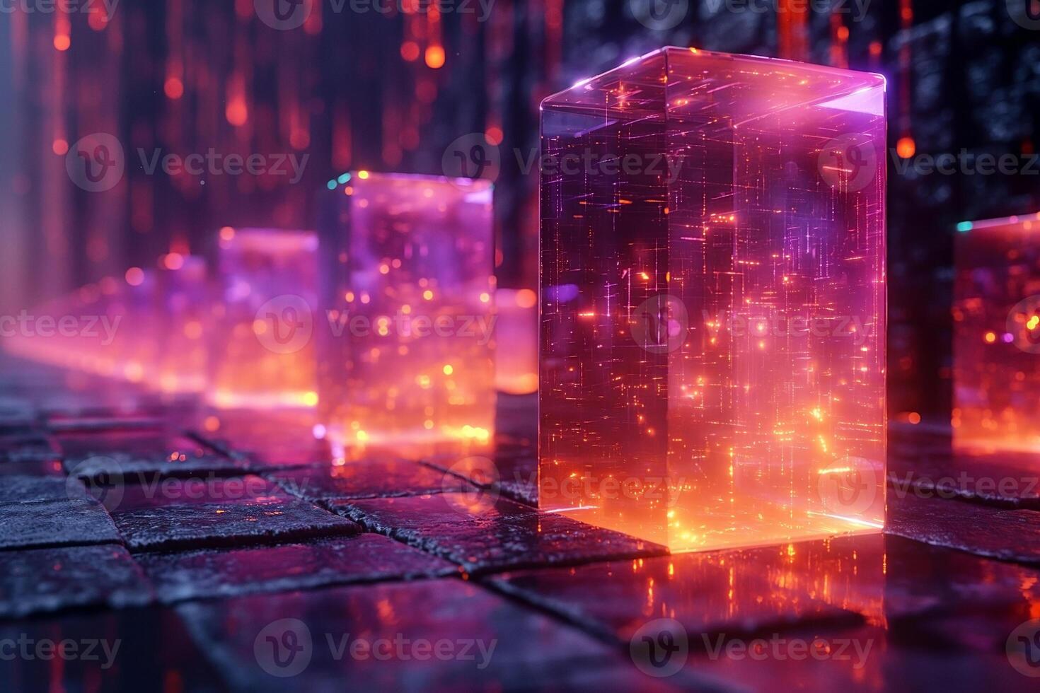 A vibrant cyberpunk scene featuring glowing, transparent cubes lining a patterned floor, creating an otherworldly ambiance. photo