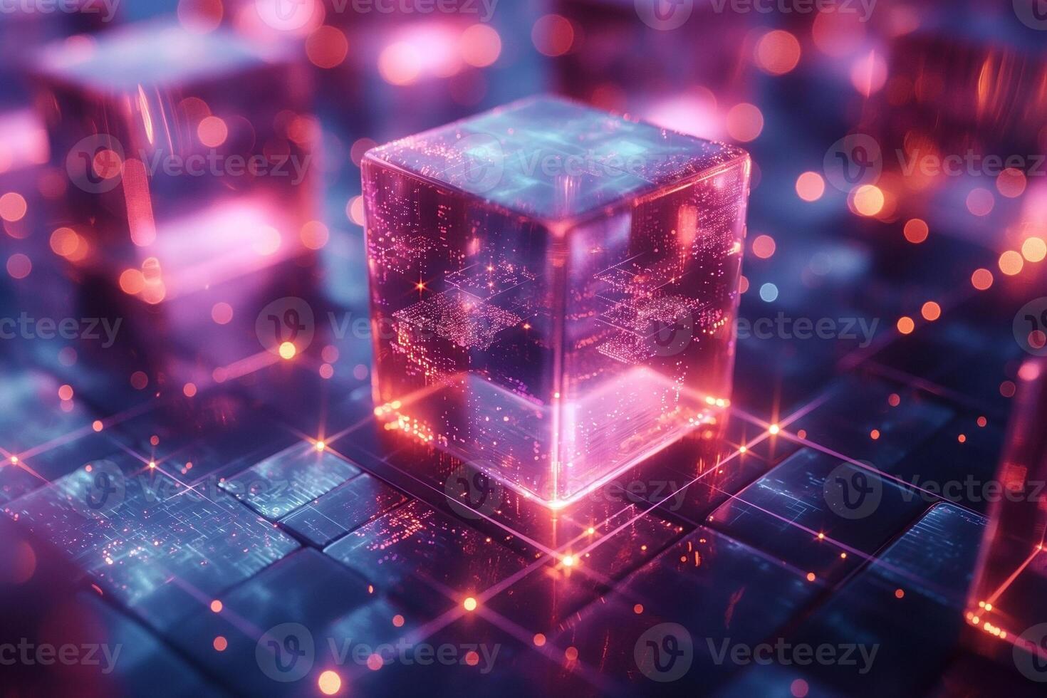 A futuristic translucent cube surrounded by glowing digital elements, symbolizing technology and innovation in a vibrant, ethereal setting. photo